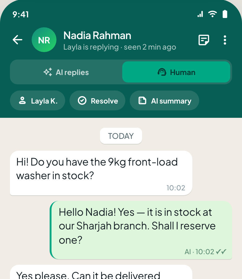 Replify mobile chat screen with AI-attributed reply