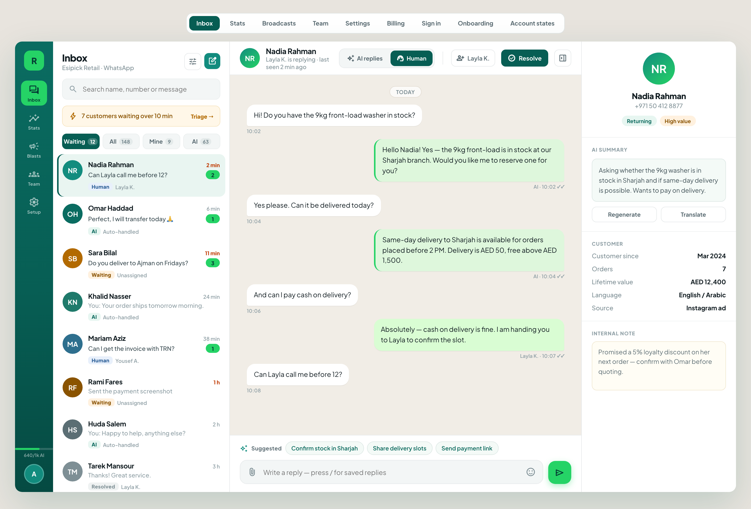 Replify web app inbox — conversation list, chat thread with AI-attributed replies, and contact panel with AI summary