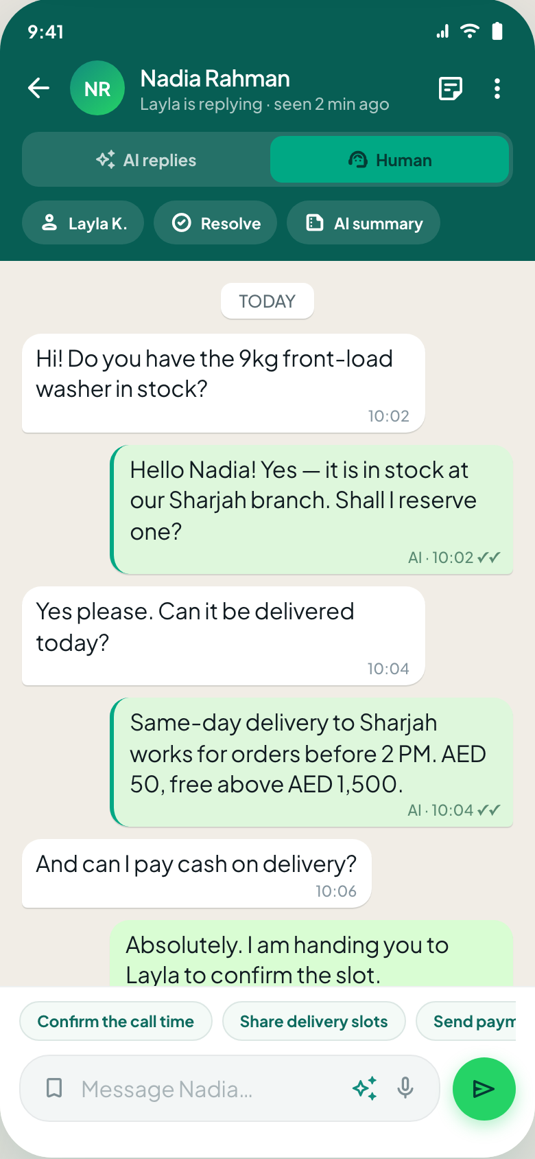 Mobile chat screen showing an AI-attributed reply and suggested quick replies