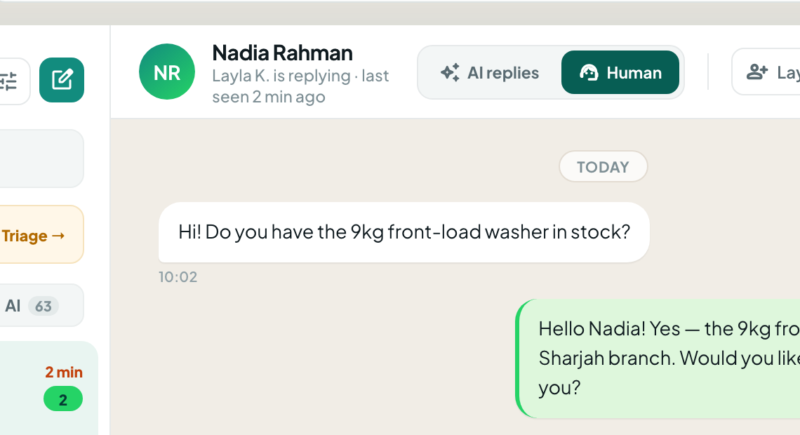 Chat header with an AI / Human segmented control for handing off a conversation