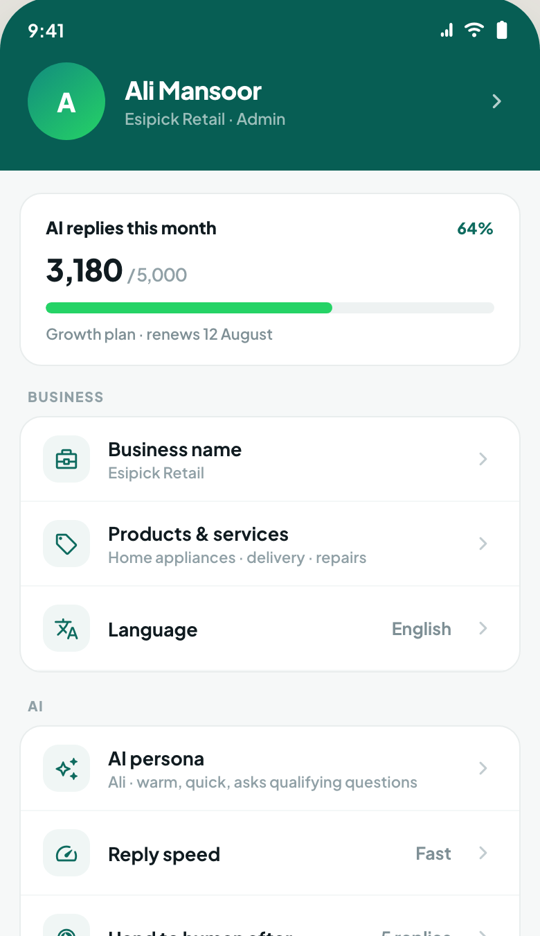 Mobile settings screen showing AI usage, business info, and AI persona configuration