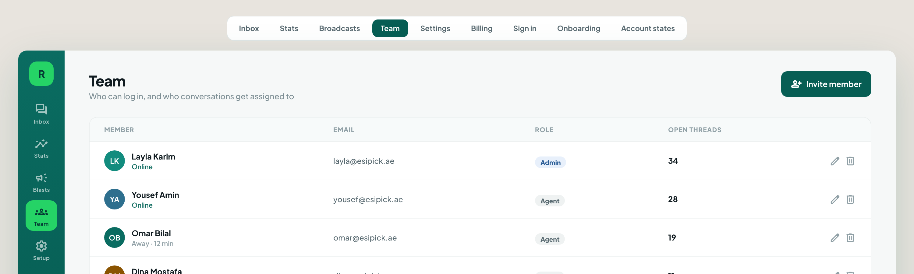 Team management screen showing members, roles, open threads, assignment labels and permissions